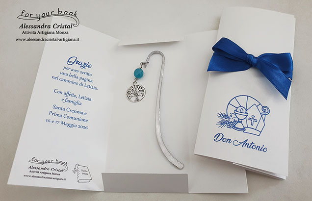 regalo ringraziamento catechiste comunione e cresima, segnalibro in metallo con ciondolo albero della vita e confezione